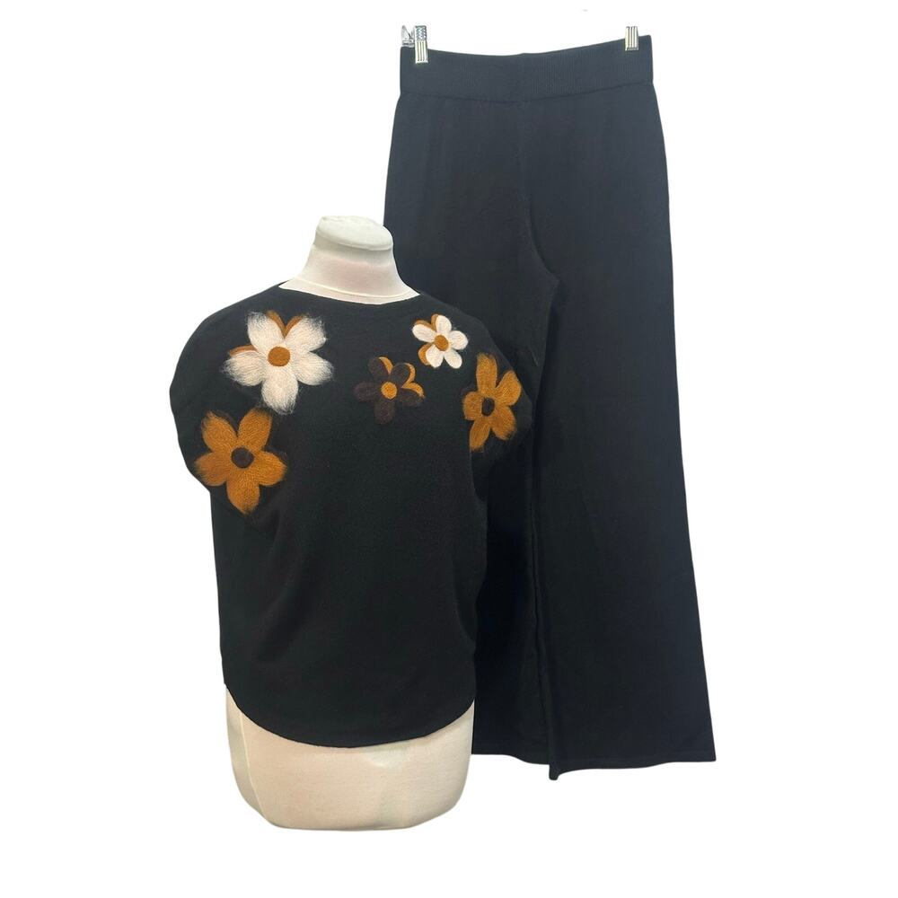 NWT SIONI 2pc Set Black Floral Lightweigt Soft Knit Top & Wide Leg Pant SM Lux